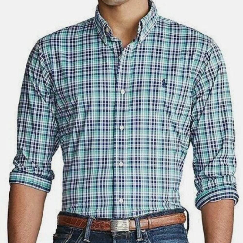 Ralph Lauren Dress Shirt Button-Down Blue Plaid Stretch Long-Sleeve Men’s Small
